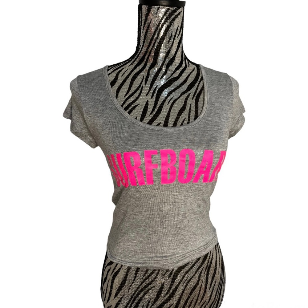 Grey Cut Out Back Crop Tip w Pink Lettering - Picture 3 of 5